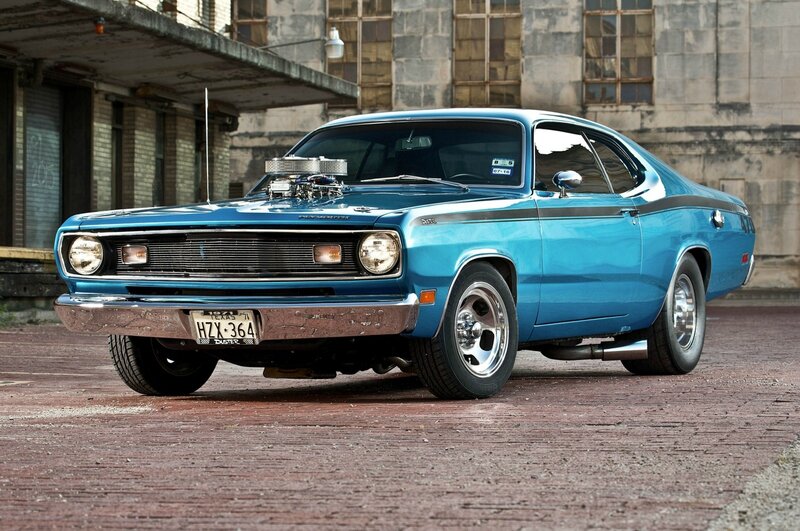Blue Classic Muscle Car — Dramatic, Photograph, Brick Pavement