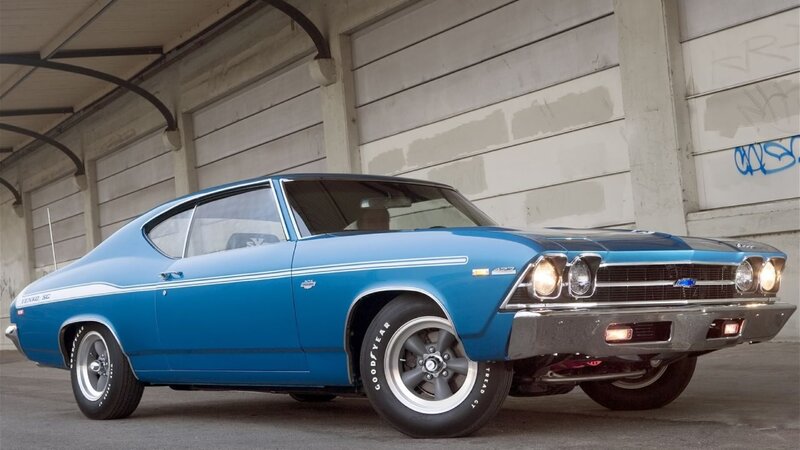 Blue Classic Muscle Car — Dramatic, Photograph, Building