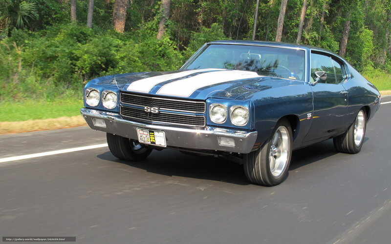 Blue classic muscle car on road