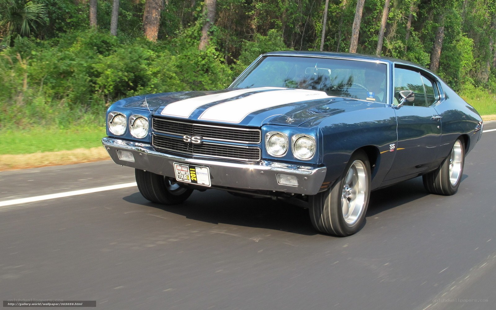 Blue classic muscle car on road