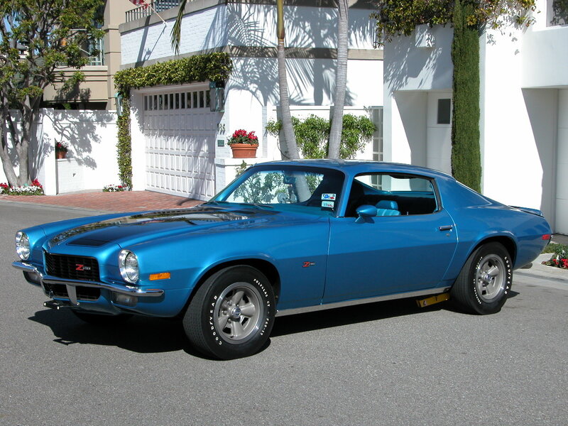 Blue classic muscle car on street