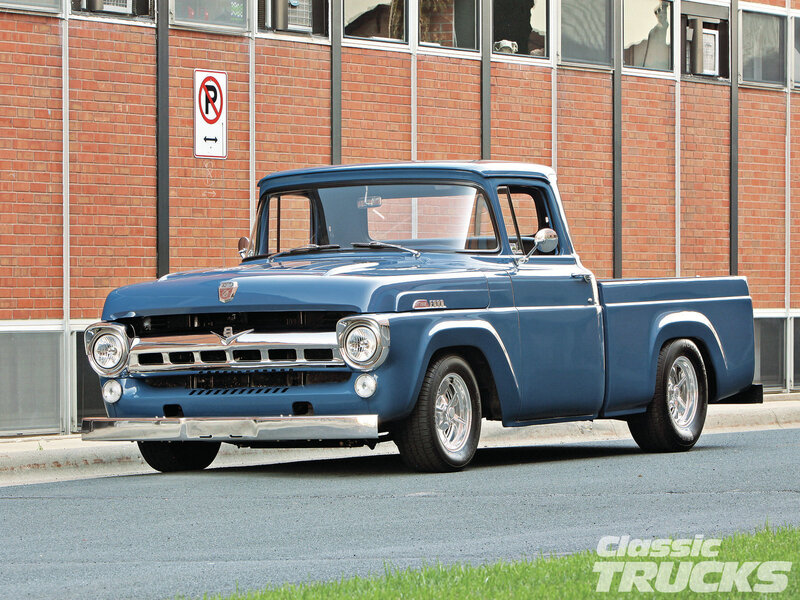 Blue Classic Pickup Truck — Calm, Afternoon, Photograph, Brick Building
