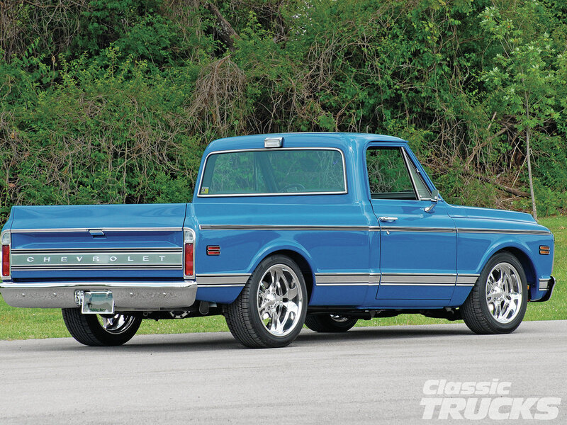 Blue Classic Pickup Truck — Calm, Afternoon, Photograph, Trees, Grass