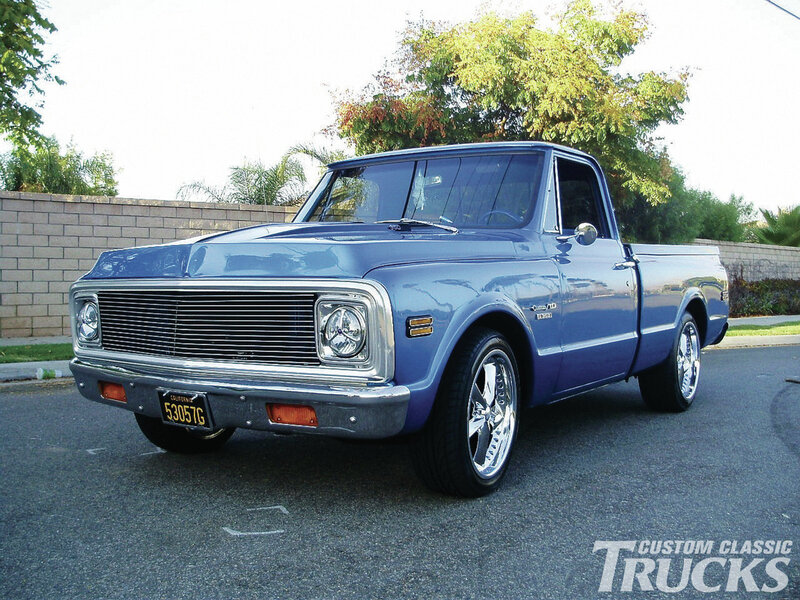 Blue Classic Pickup Truck — Calm, Afternoon, Photograph, Trees, Wall