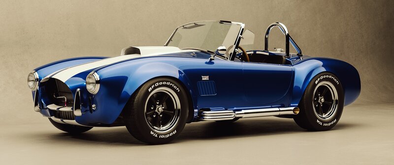 Blue Classic Sports Car — Dramatic, Photograph, White Racing Stripes