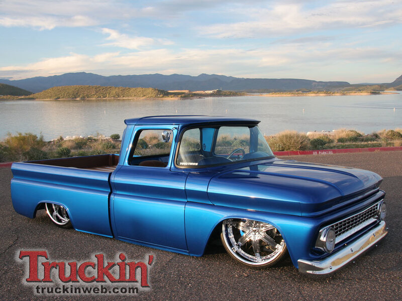 Blue classic truck by the lake