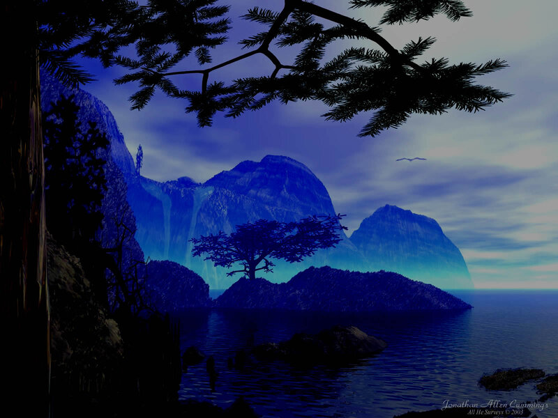 Blue coastal landscape at dusk