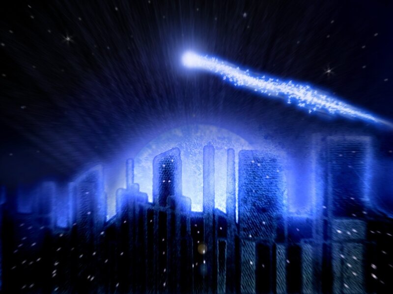 blue comet over city