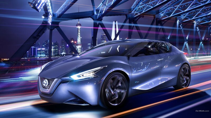 Blue Concept Car — Dynamic, Night, 3d Render, Bridge