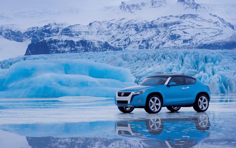 Blue Concept Car — Serene, Winter, Photograph, Glacier, Snowy Mountains