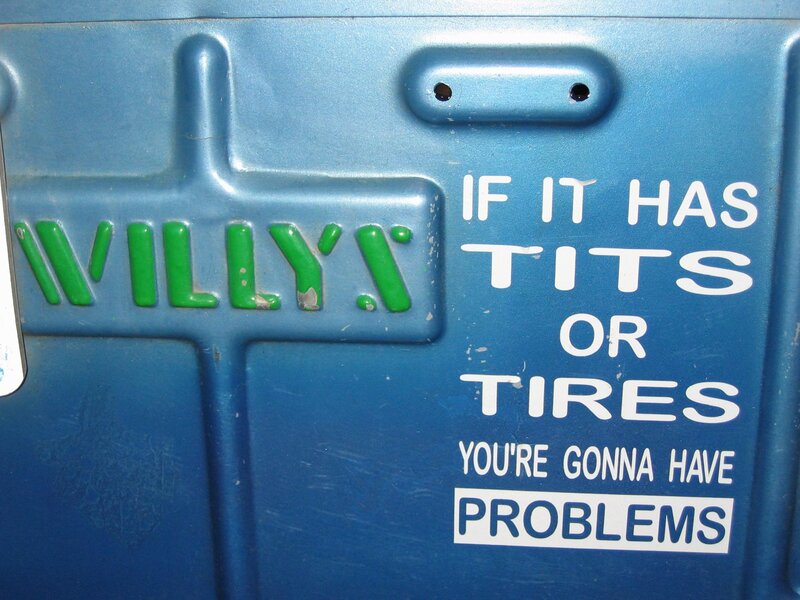 blue container with humorous sticker