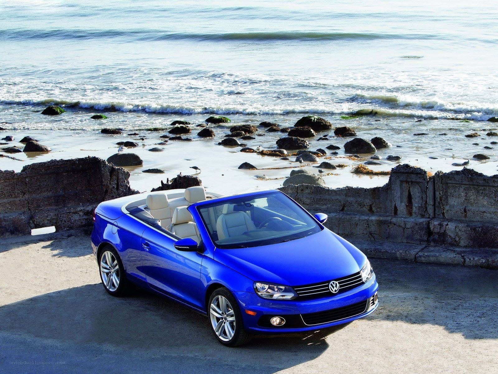 Blue convertible by the ocean