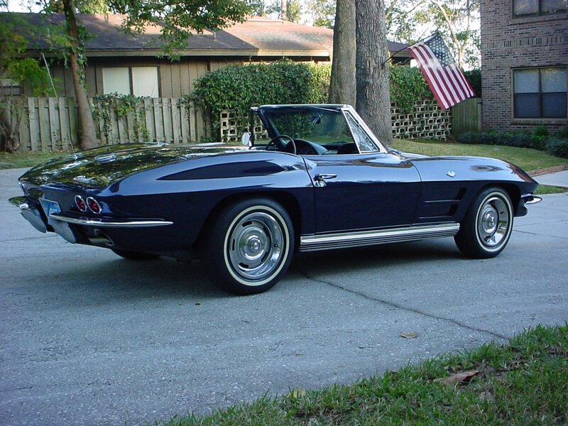 Blue Convertible Car — Calm, Afternoon, Photograph, American Flag