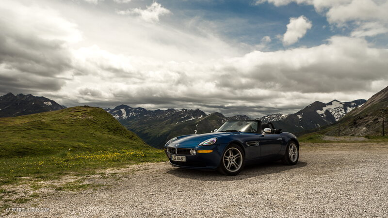 Blue Convertible Car — Dramatic, Afternoon, Photograph, Mountains, Gravel Road