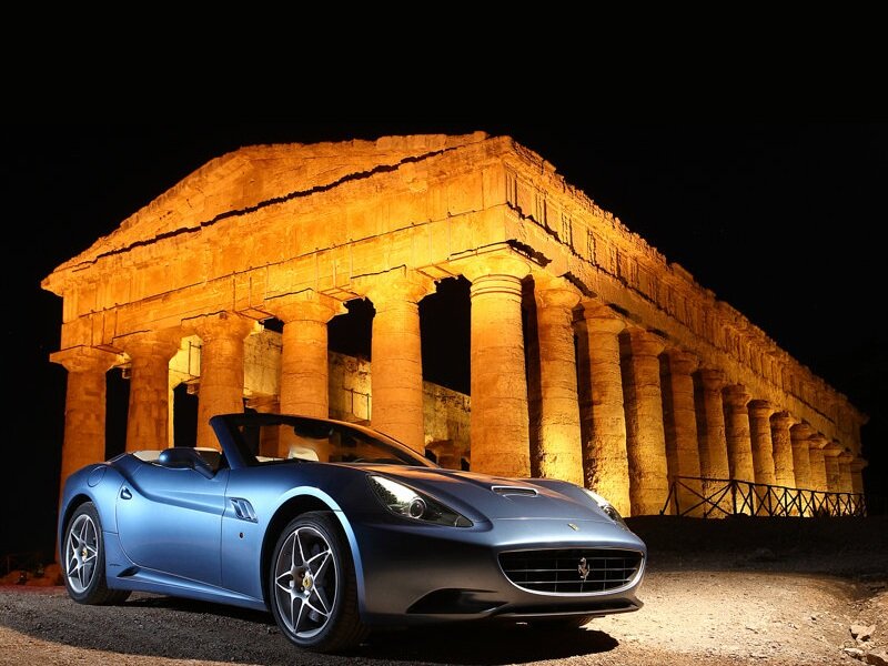 Blue Convertible Car — Dramatic, Night, Photograph, Ancient Temple