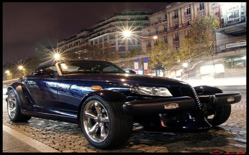 Blue Convertible Car — Dramatic, Night, Photograph, Cobblestone Street