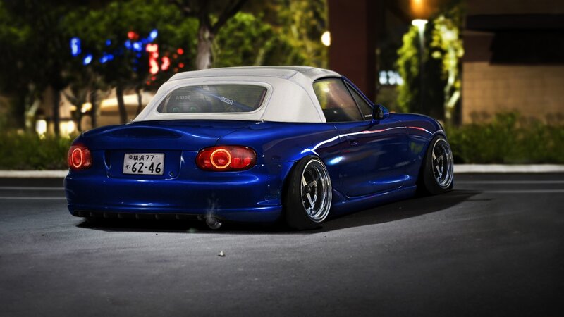 Blue Convertible Car — Dramatic, Night, Photograph, Road, Trees