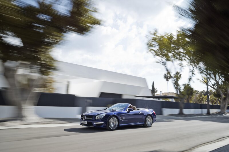 Blue Convertible Car — Dynamic, Afternoon, Photograph, Driver, Trees, Building, White, Green, W 6565