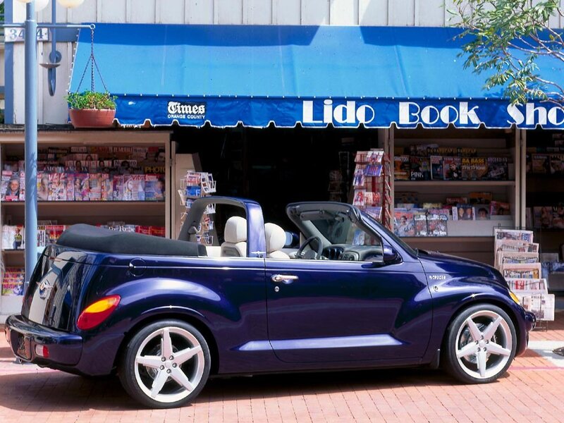 Blue convertible car in front of bookstore