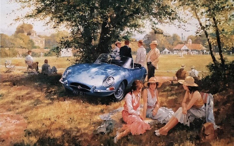 Blue Convertible Car — Serene, Afternoon, Painting