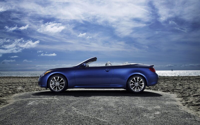 Blue Convertible Car — Serene, Afternoon, Photograph, Beach, Ocean, Sky, Gray