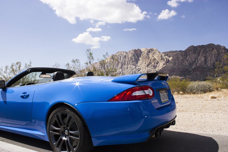 Blue Convertible Car — Serene, Afternoon, Photograph, Mountains, Desert