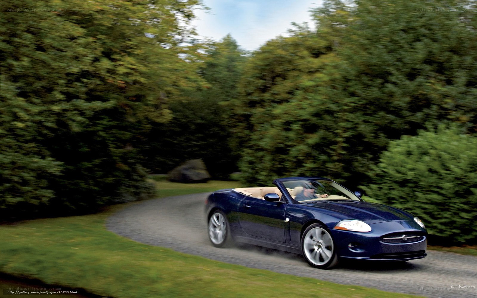 Blue convertible on a winding road