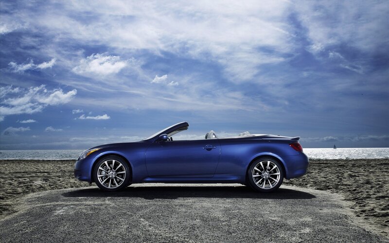 Blue convertible on the beach