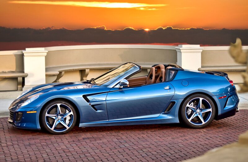 Blue Convertible Sports Car — Dramatic, Sunset, Photograph, Brick Pavement, Bench, Orange