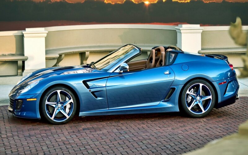 Blue Convertible Sports Car — Dramatic, Sunset, Photograph, Brick Pavement, White Wall