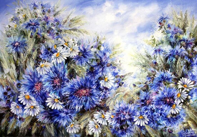 Blue Cornflowers and Daisies