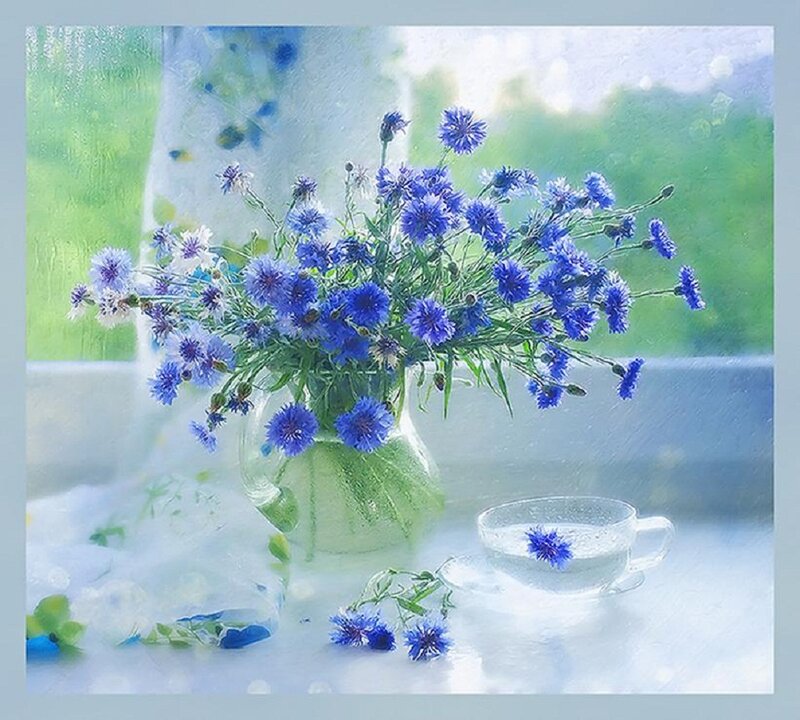 Blue Cornflowers in Vase — Serene, Morning, Painting, Teacup