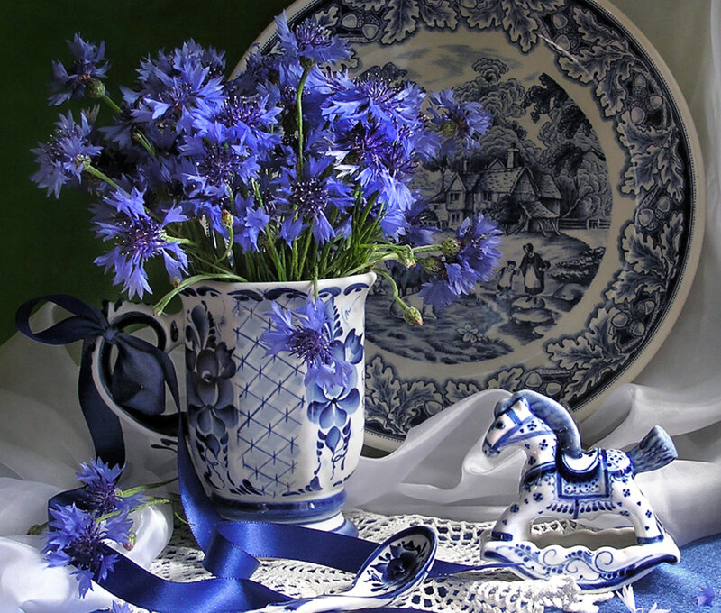 Blue Cornflowers in Vase — Serene