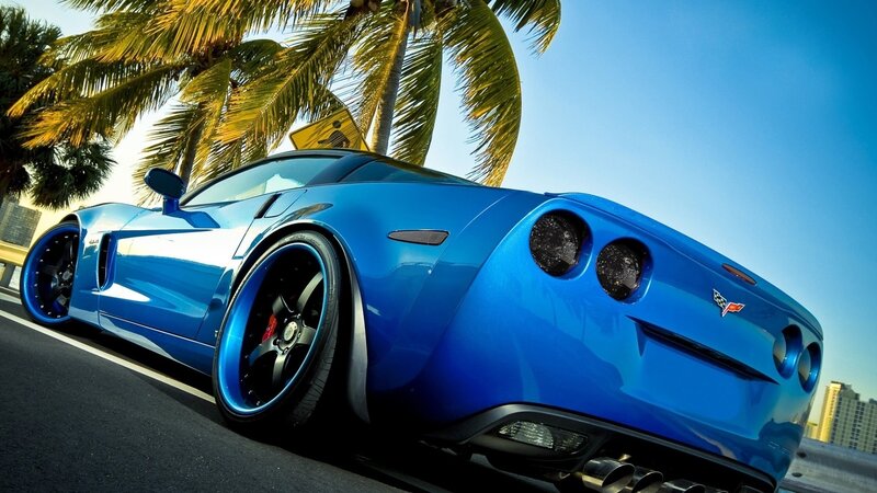 Blue Corvette Car — Dramatic, Afternoon, Photograph, Palm Trees