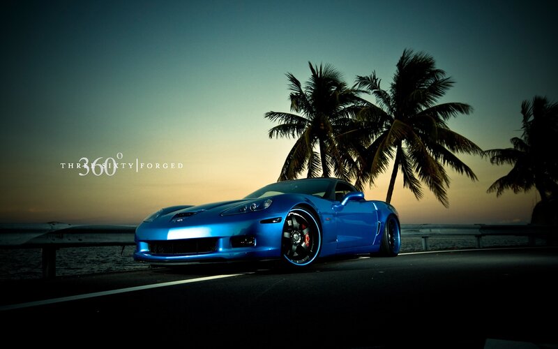Blue Corvette Car — Dramatic, Sunset, Photograph, Palm Trees