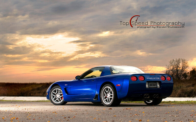 Blue Corvette Car — Dramatic, Sunset, Photograph, Sky, Road