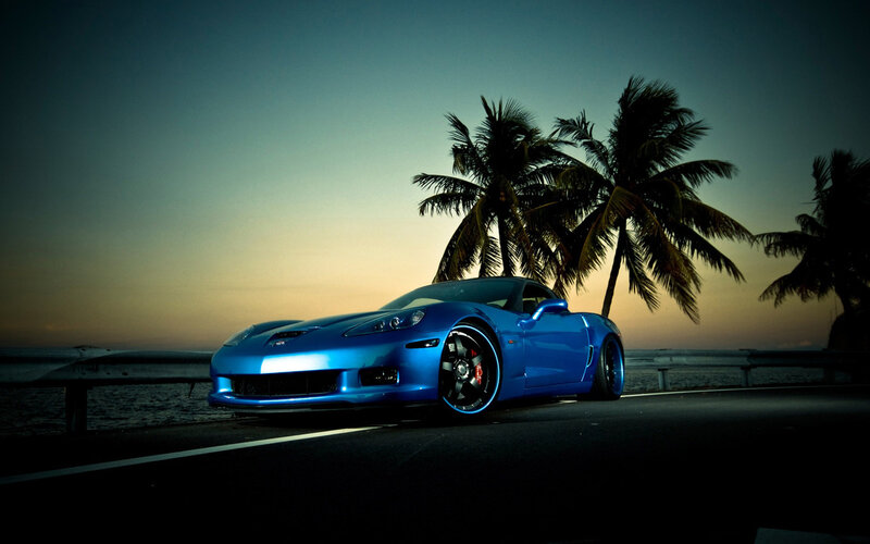 Blue Corvette Car — Dramatic, Sunset, Photograph