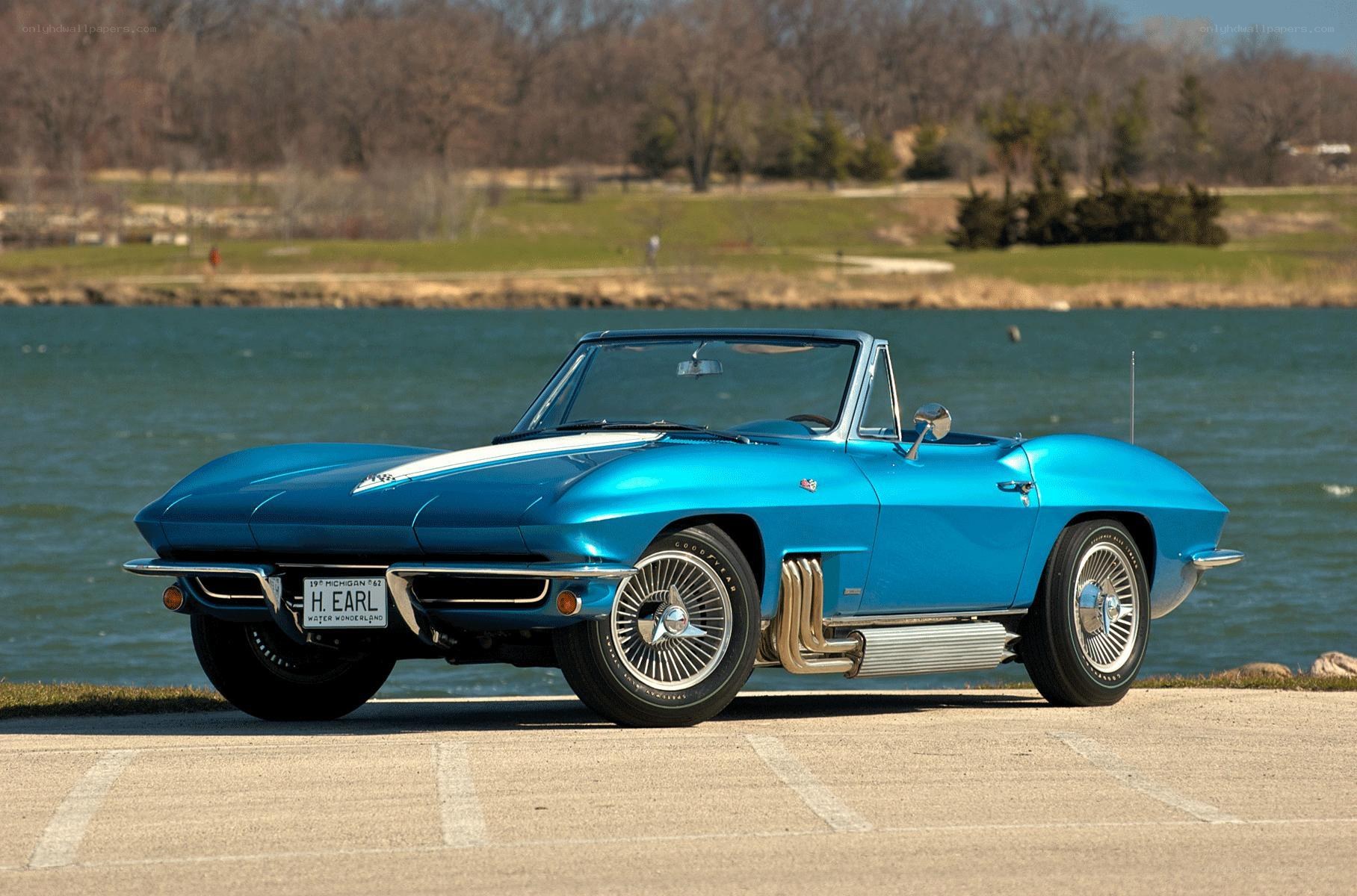Blue Corvette convertible by water