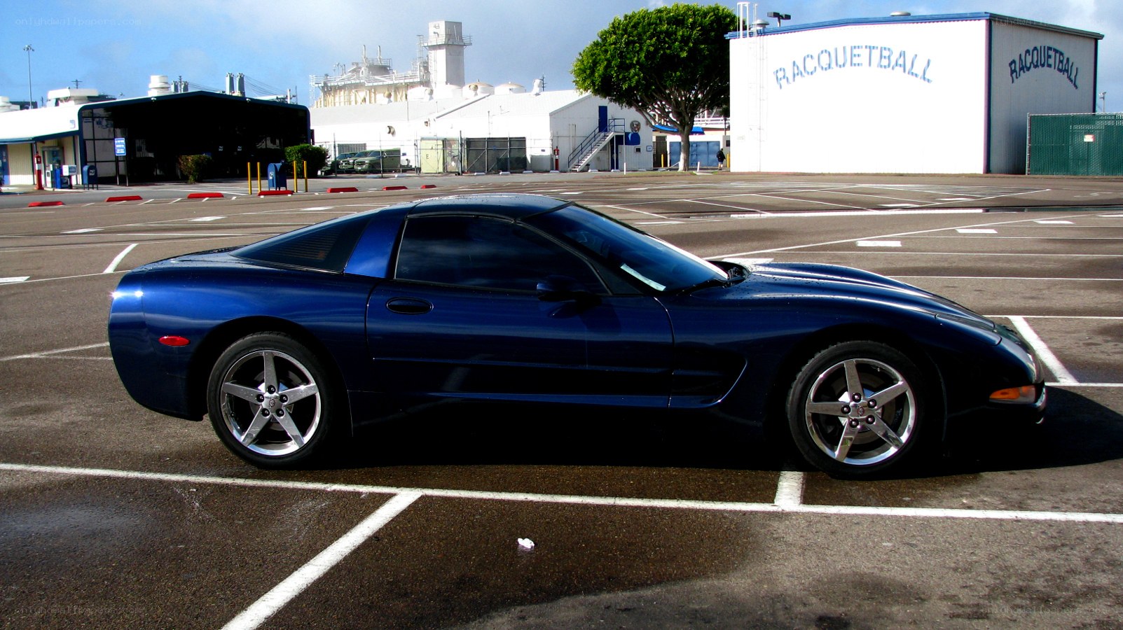 Blue Corvette in parking lot