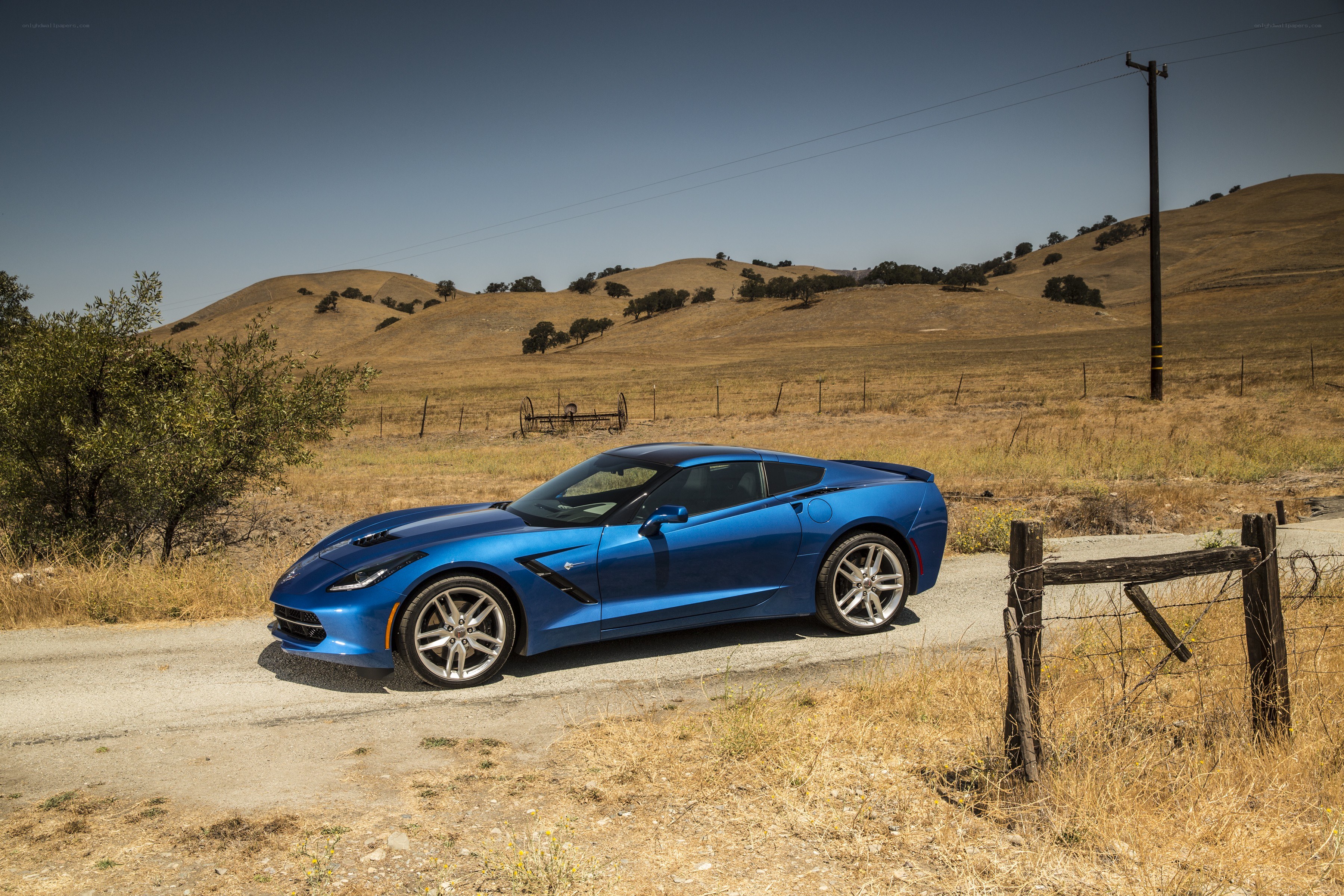 Blue Corvette on a rural road
