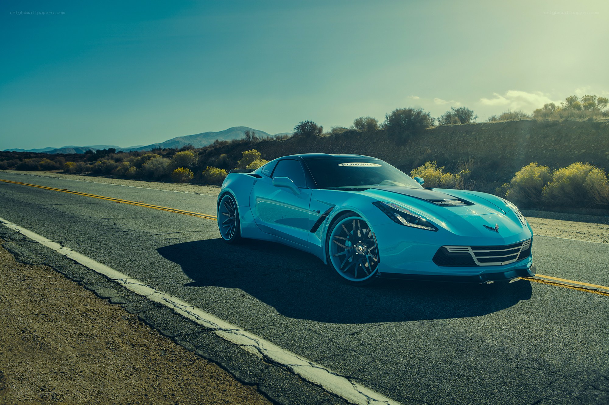 Blue Corvette on desert road