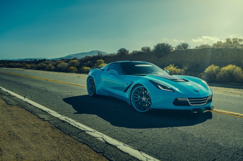 Blue Corvette on Road — Dramatic, Afternoon