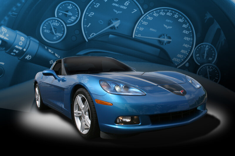 Blue Corvette Sports Car — Dramatic, Photograph, Car Dashboard