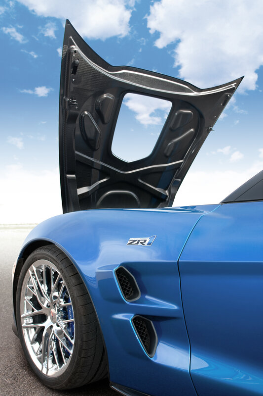 Blue Corvette ZR1 with open hood