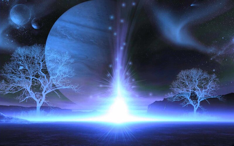 Blue cosmic landscape with trees