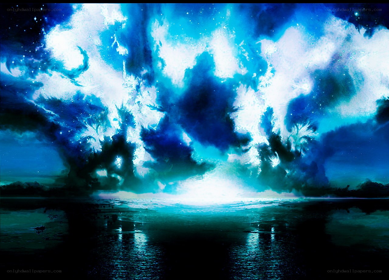Blue cosmic storm over water