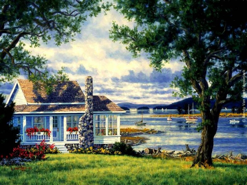 Blue Cottage by Water