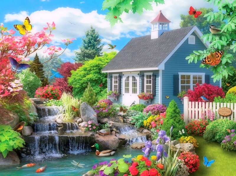 Blue Cottage Garden — Serene, Spring, Illustration