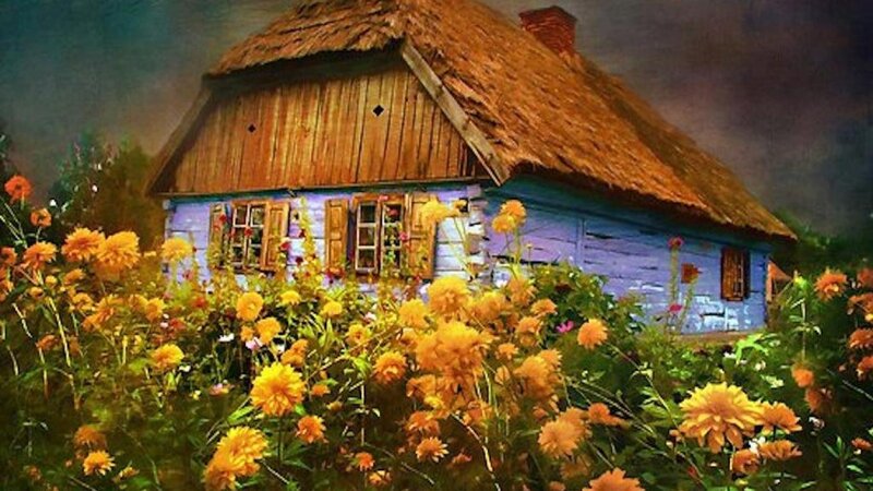 Blue Cottage with Flowers — Yellow