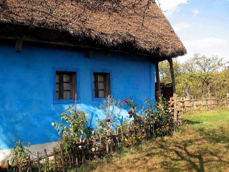 Blue cottage with thatched roof